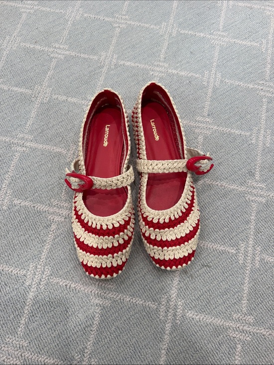 Larroude Shoes - Larroude Red and Cream Crochet Mary Jane Flats